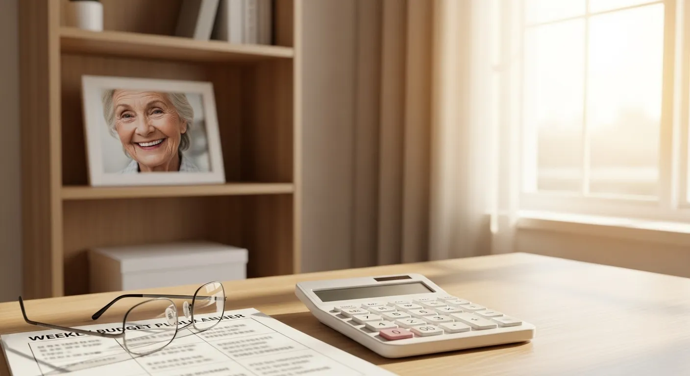A wide view of a home office in daylight, with a desk focused on financial planning tools and a framed photo of a smiling senior woman in the backgrou