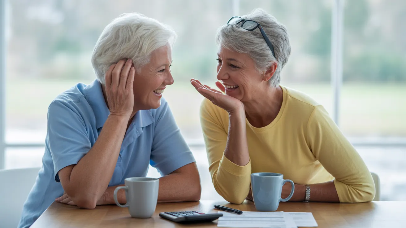 An older man and woman smile at each other across a kitchen table with coffee mugs, a calculator, and some papers.