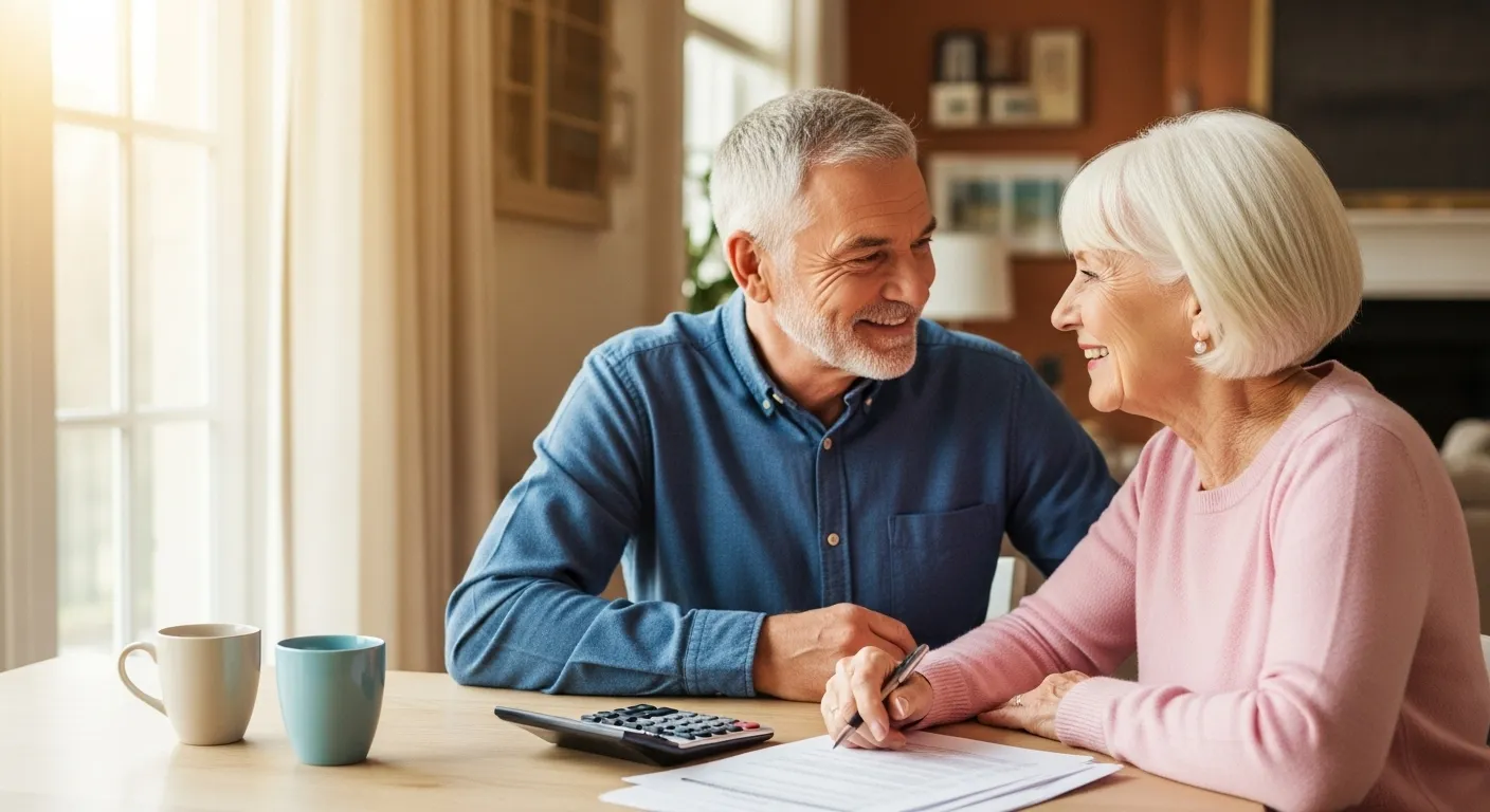 A smiling senior couple sits together at a sunlit dining table, looking over some papers with a calculator and coffee mugs nearby.
