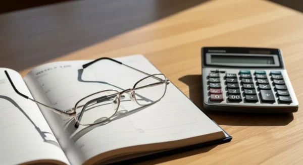 A close-up of reading glasses and a calculator on a blurred weekly planner, suggesting a session of budget review.