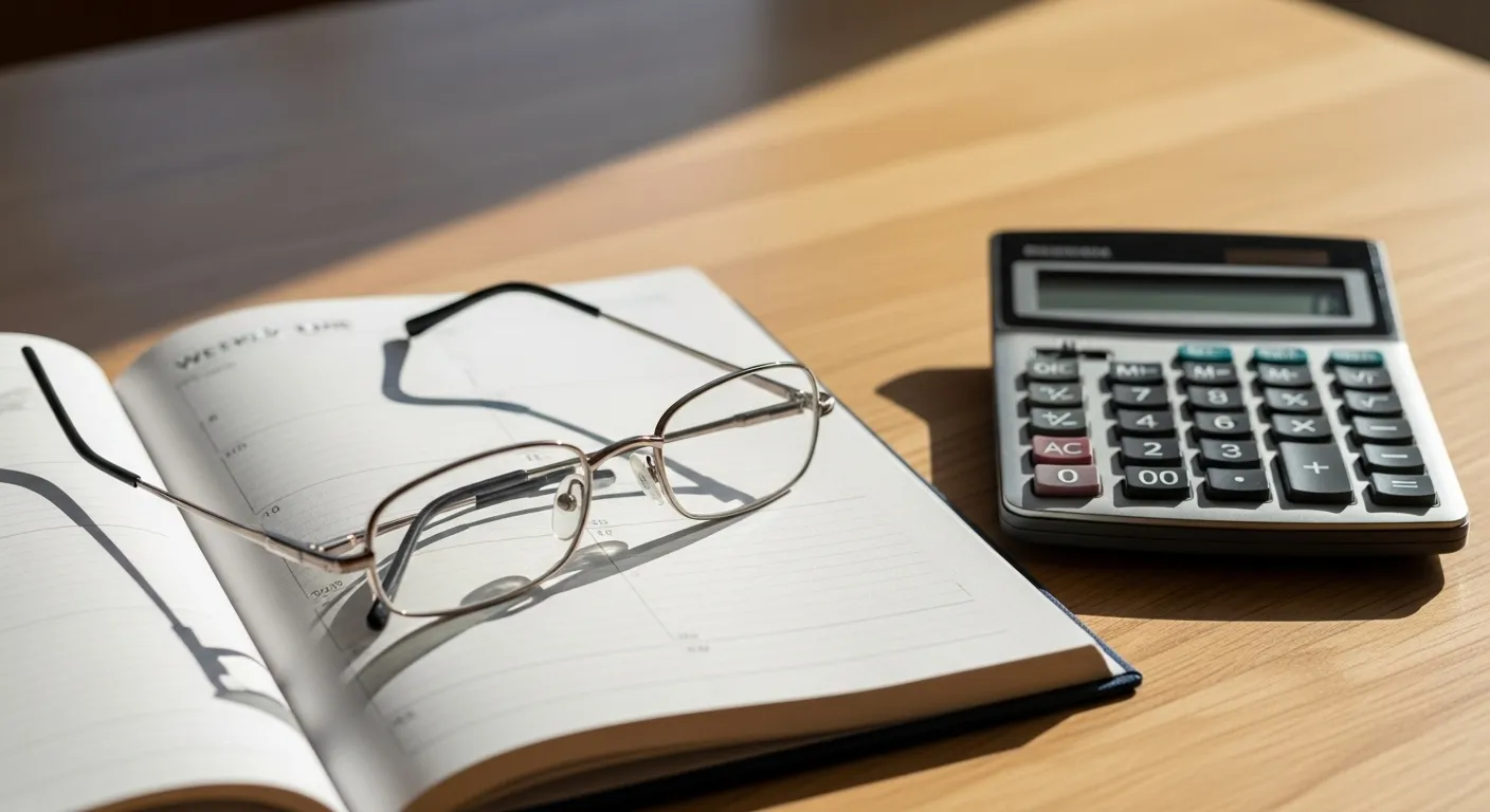 A close-up of reading glasses and a calculator on a blurred weekly planner, suggesting a session of budget review.