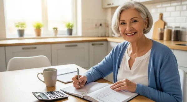 A senior smiles while sitting at a kitchen table with a budget planner and calculator, managing their finances in a bright room.