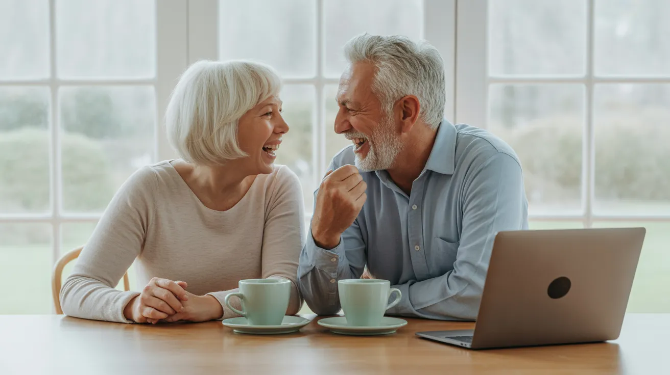 An older man and woman laughing together at a bright kitchen table with coffee mugs and a closed laptop nearby.