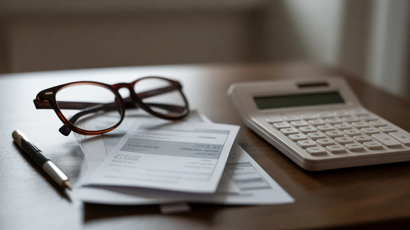 A calculator, reading glasses, and a messy stack of blurred bills on a desk, implying difficulty with budgeting.