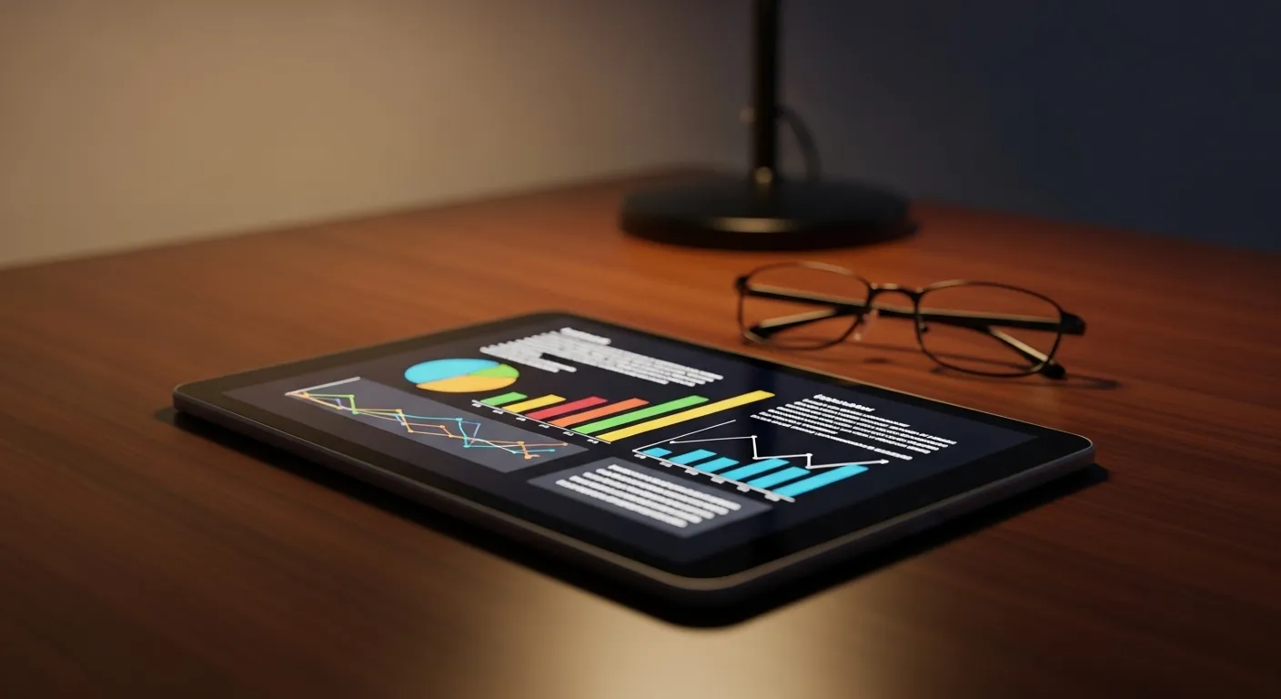 A tablet displaying abstract financial charts next to reading glasses on a desk, lit by a warm lamp at night.
