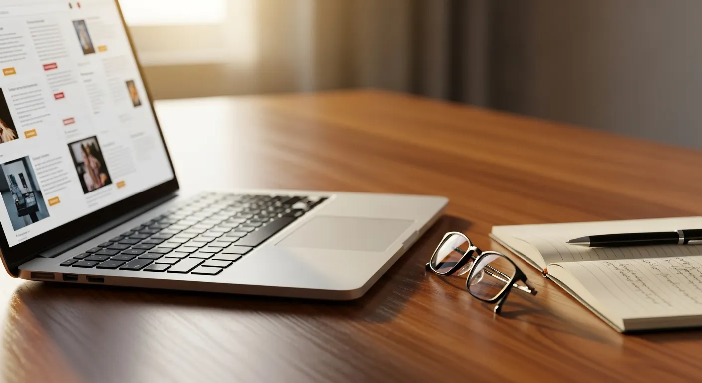 A laptop and a pair of reading glasses on a desk, suggesting online financial research by a senior.