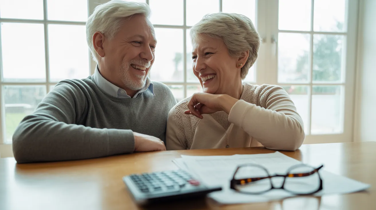An older couple laughs together at a bright kitchen table. A calculator and blurred paperwork are in the foreground.