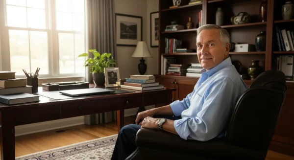 A smiling senior man sits relaxed in his bright, organized home office, looking content and financially secure.