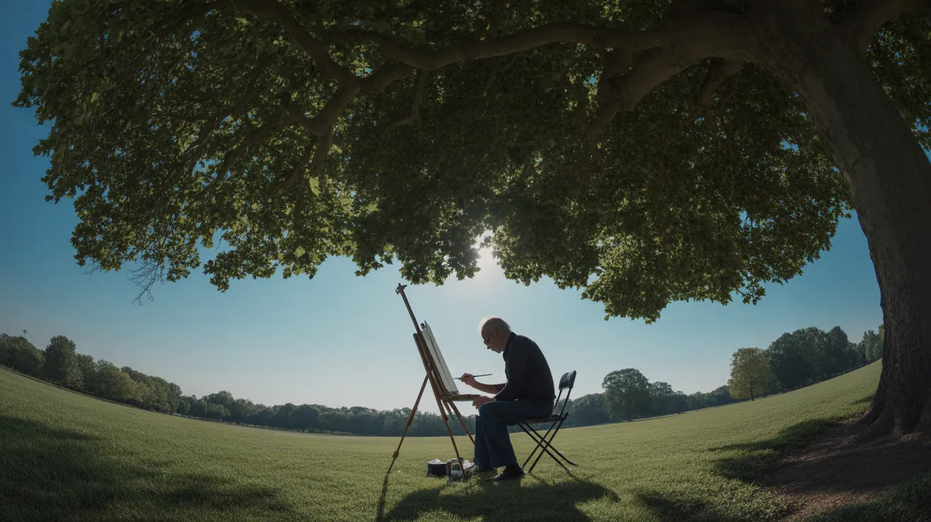 An ultra-wide view of a senior man painting on an easel under a tree in a sun-drenched park during midday.