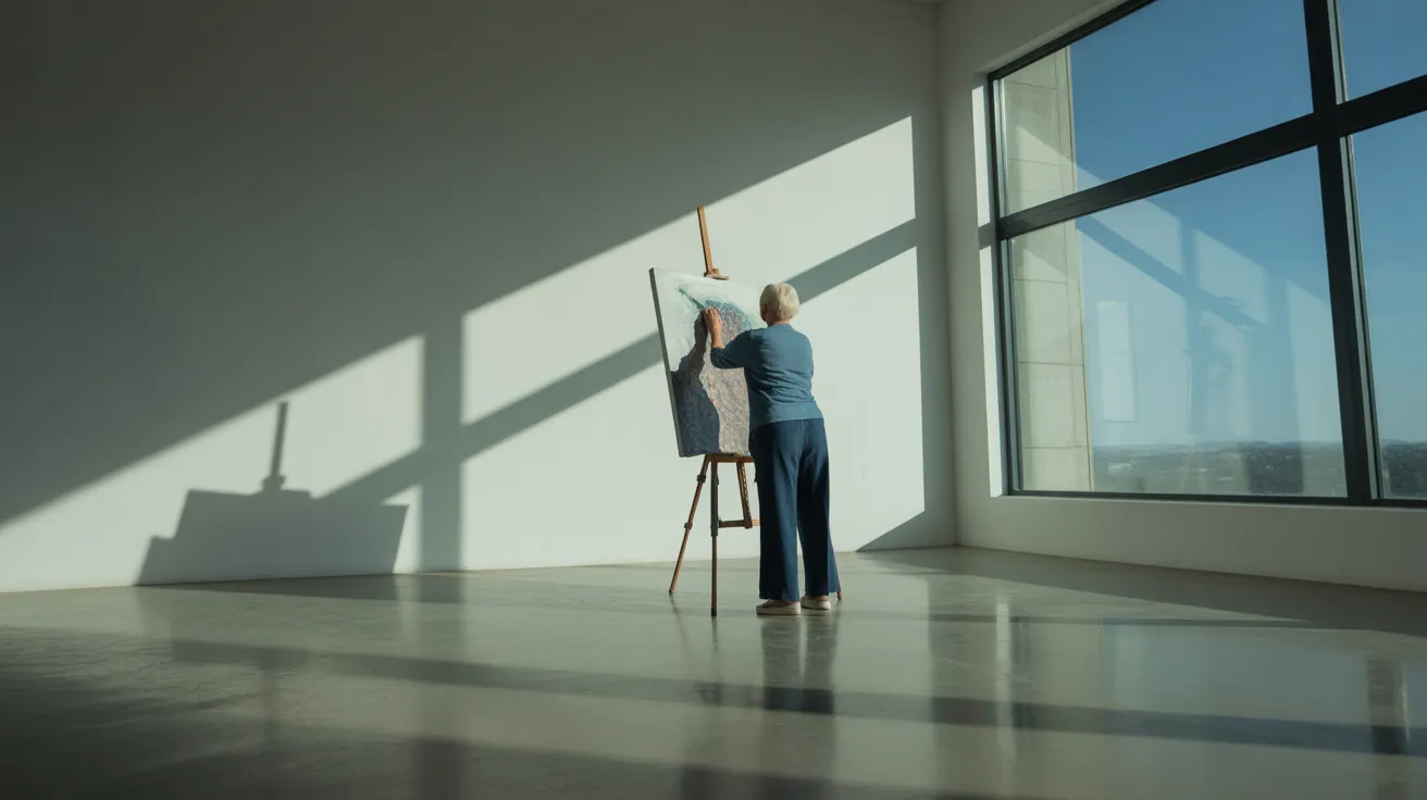 A senior woman paints at an easel in a bright, sparsely furnished artist studio with strong sunlight creating dramatic shadows.