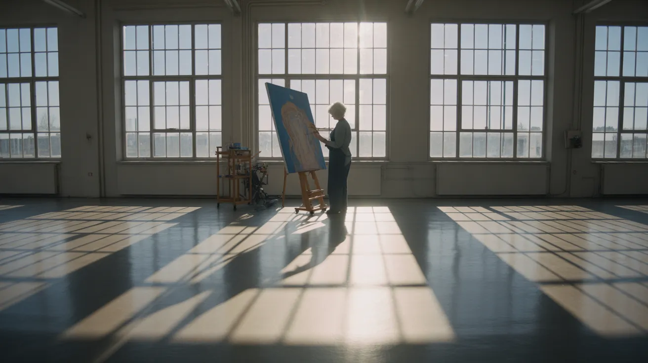 A senior woman painting in a large, airy studio. Bright sun casts strong shadows across the room, highlighting her focus on the canvas.