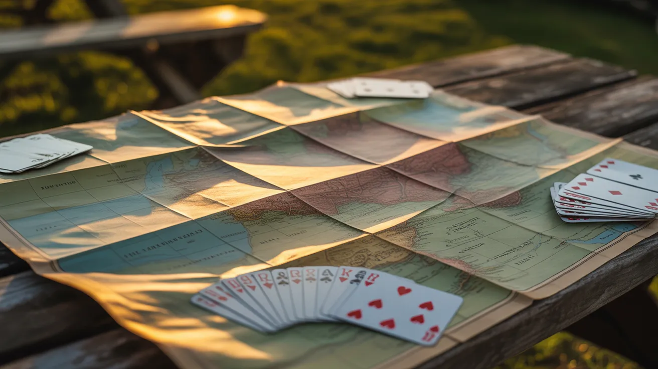A close-up of a travel map on an outdoor table during sunset, with playing cards laid out at the edges, implying a friendly game.