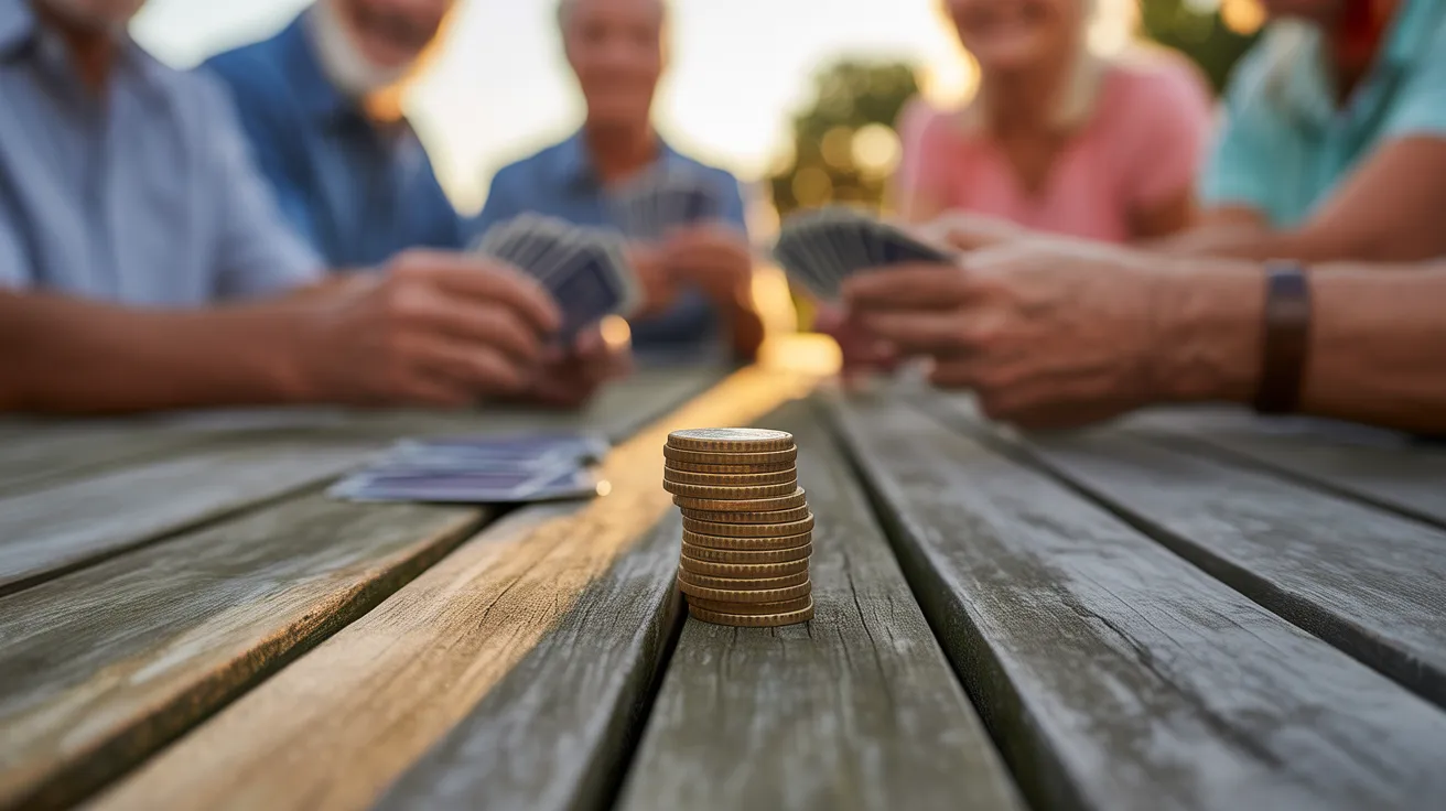 A close-up of a small stack of coins on a patio table, with the blurred hands of seniors playing cards in the background during sunset.