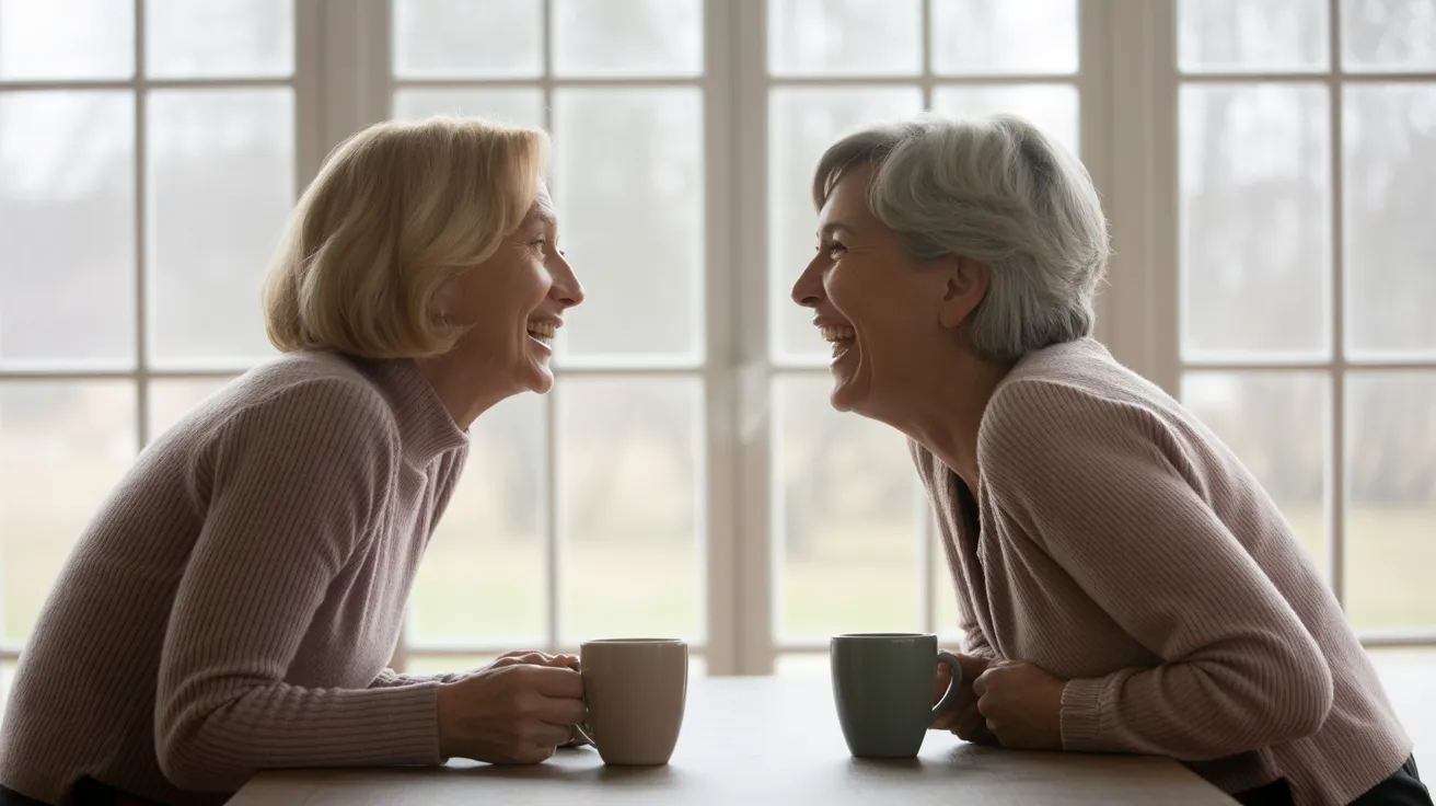 Two senior women are laughing together while sitting across from each other at a kitchen table with coffee mugs in soft, natural light.