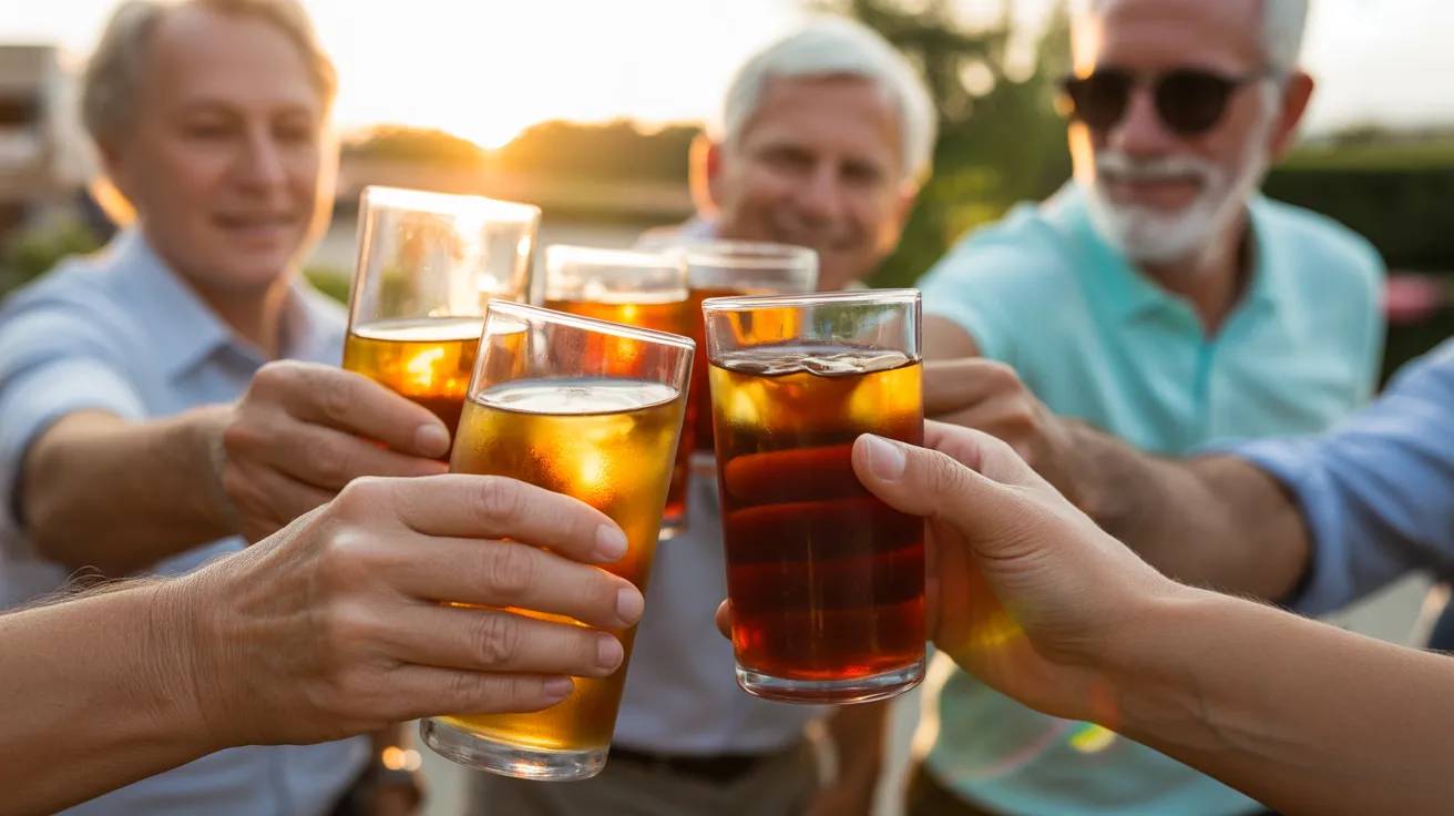 A close-up of several glasses being clinked together in a toast by a group of friends on a patio at sunset.