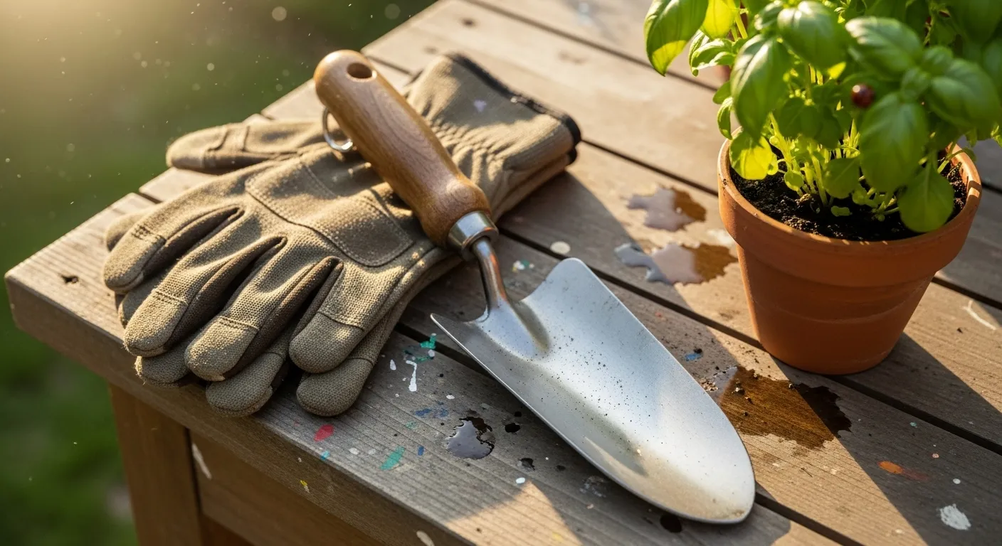 Gardening gloves, a trowel with an ergonomic handle, and a small potted plant on a wooden surface in the bright morning sun.