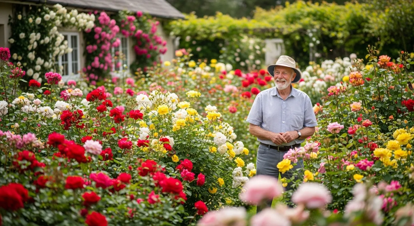 A happy senior man stands proudly in the middle of his beautiful, sunlit rose garden.