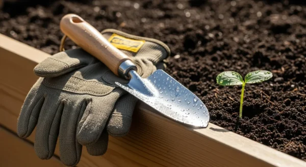 A close-up of gardening gloves and a trowel next to a small green seedling sprouting from the soil in a raised garden bed.
