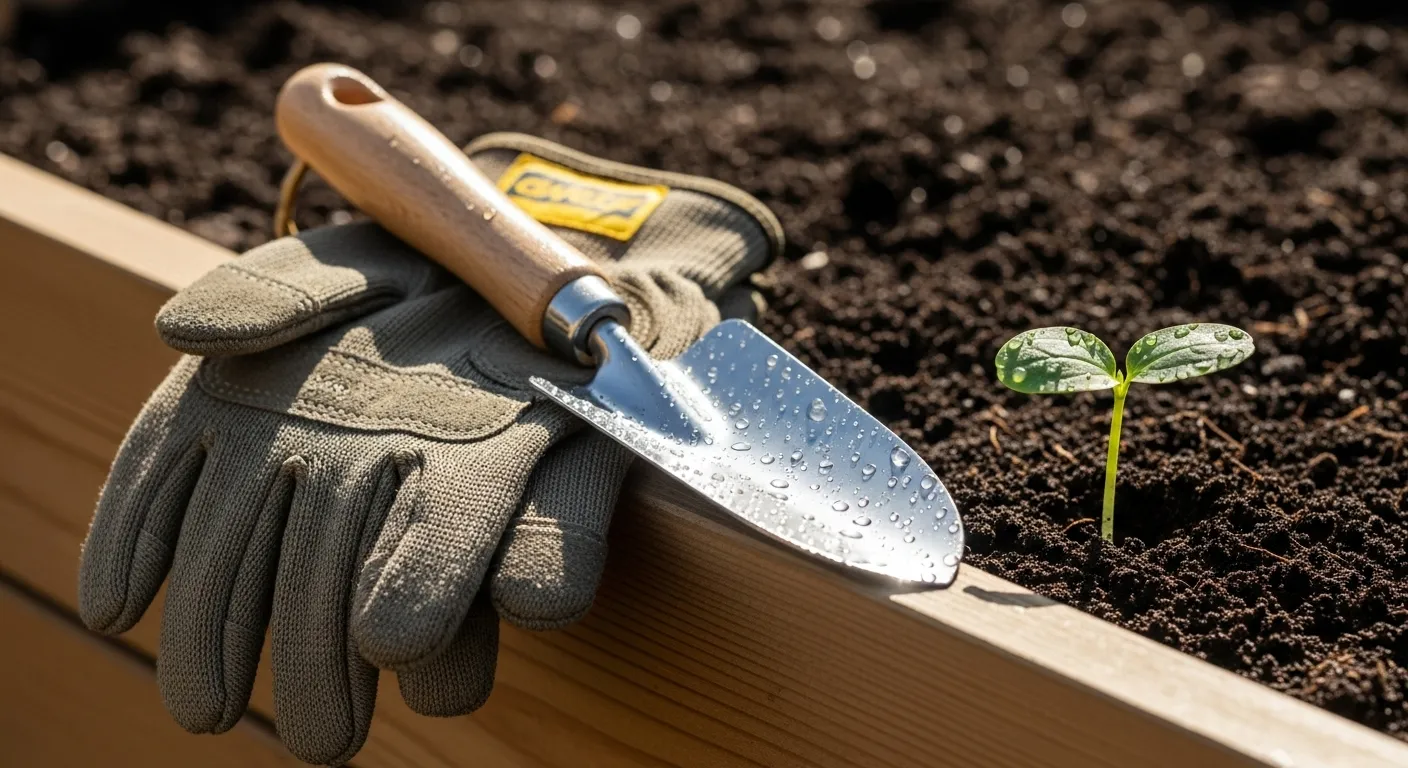 A close-up of gardening gloves and a trowel next to a small green seedling sprouting from the soil in a raised garden bed.