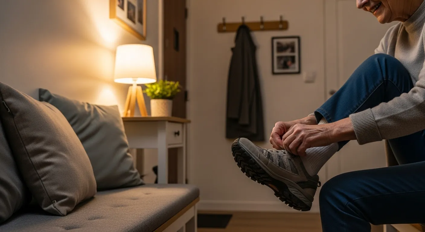A senior smiles while putting on comfortable walking shoes in a softly lit entryway at night.