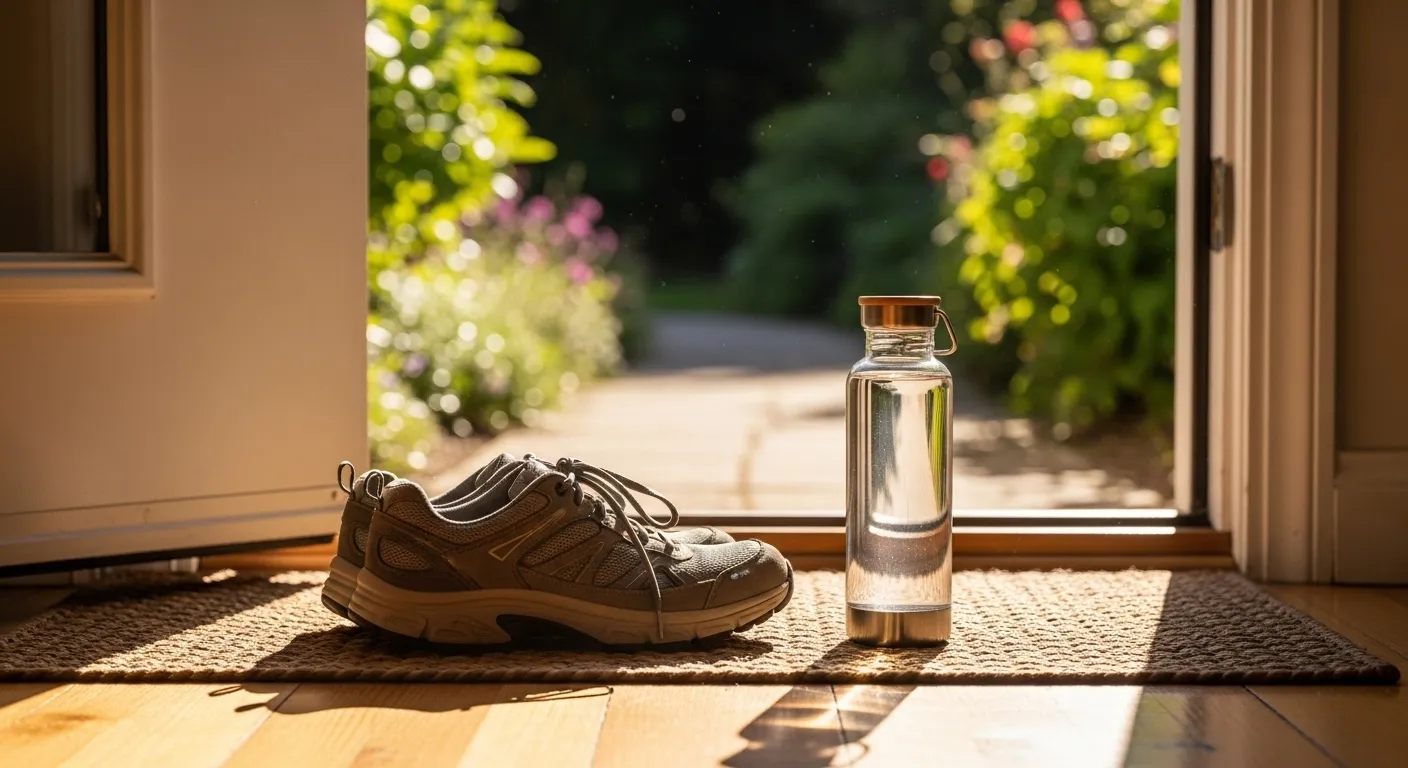 A pair of walking shoes and a water bottle placed by a door leading to a garden, suggesting readiness for gentle exercise.
