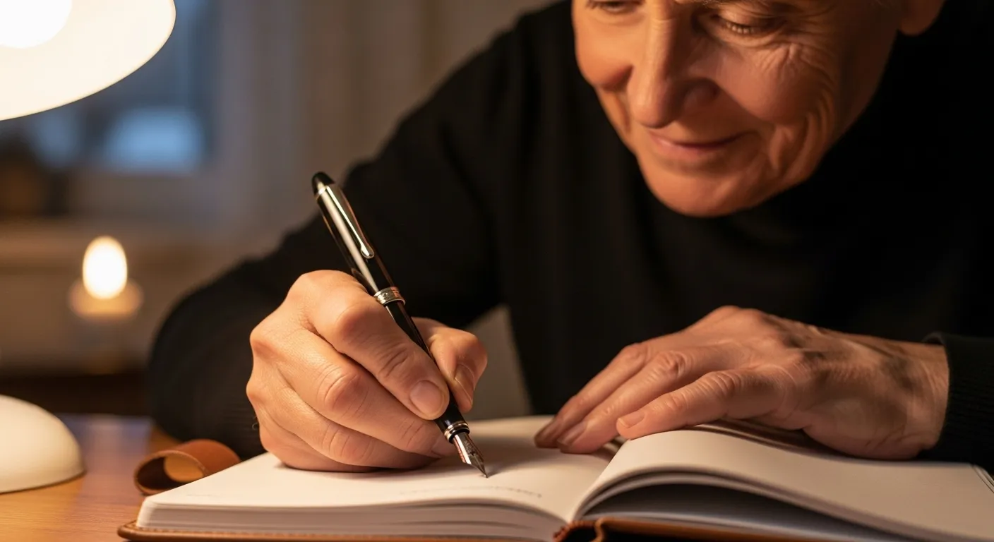 A close-up of a senior's hands writing personal goals in a journal, their face partially visible with a contented look, lit by a warm lamp.