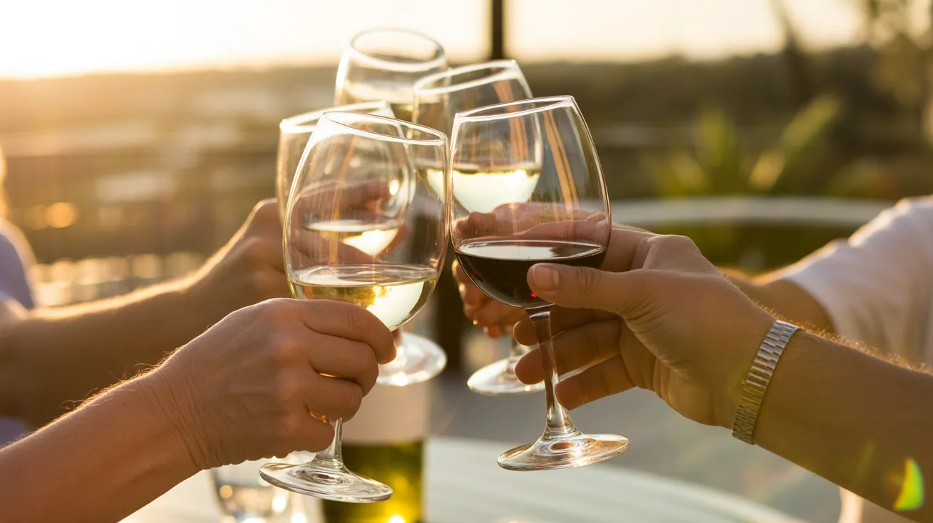 A close-up of friends' hands clinking wine glasses together in a toast during a beautiful sunset.