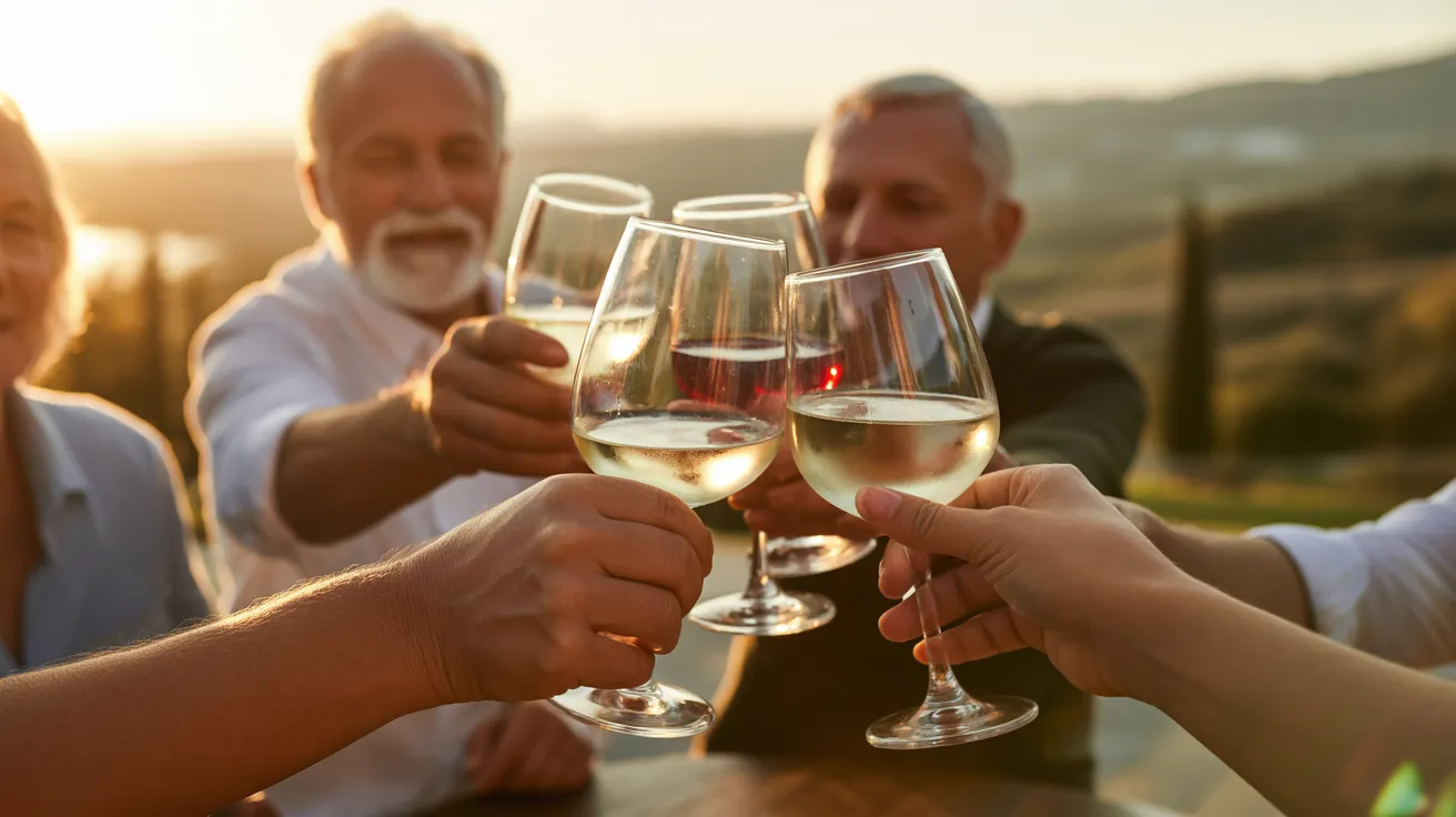 A close-up of several older hands clinking wine glasses together in a toast during a beautiful sunset.