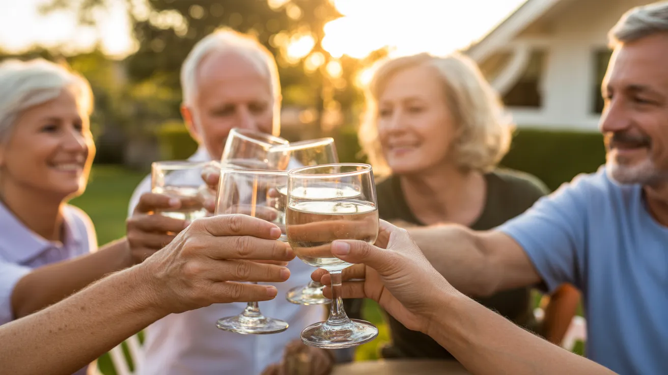A close-up of several glasses clinking in a toast, held by older adults outdoors during a warm sunset.