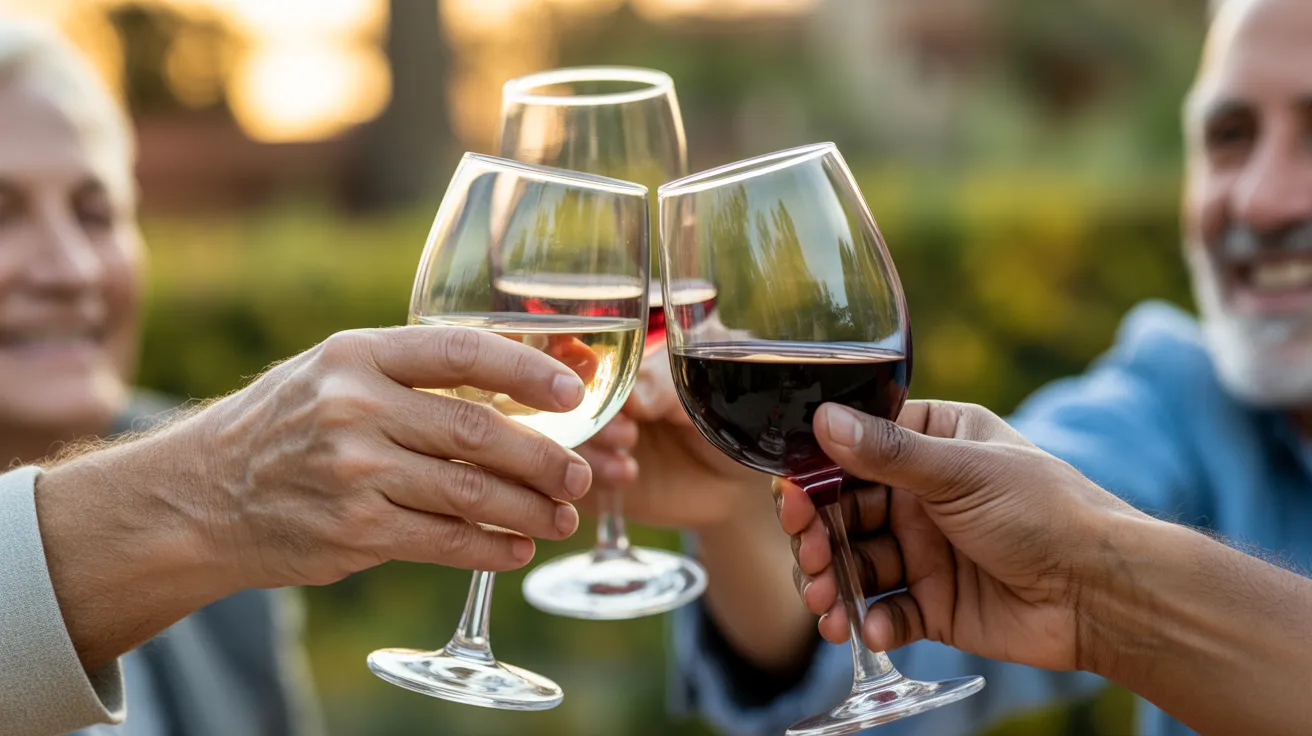 Close-up on the hands of several seniors clinking wine glasses together in a celebratory toast on a patio at sunset.