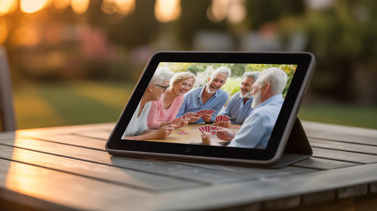 A close-up shot of a tablet on a patio table, displaying a photo of seniors playing cards. The scene is bathed in warm sunset light.