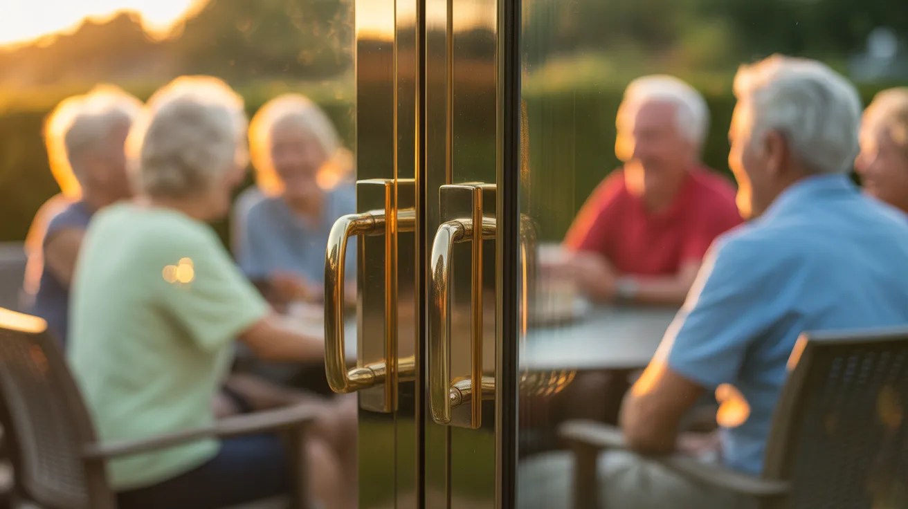 Close-up of a golden-lit brass patio door handle, with the soft-focus image of friends socializing on a patio visible through the glass.