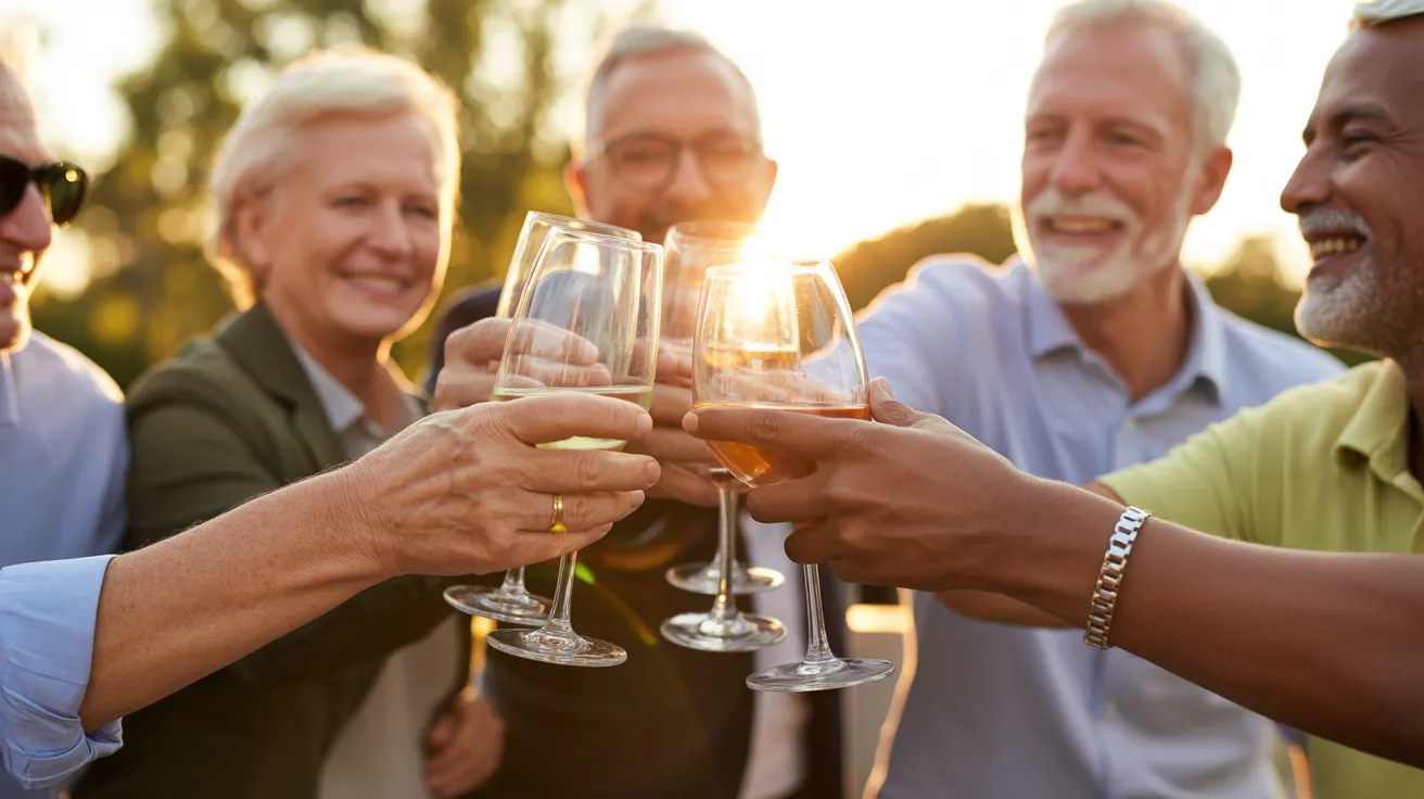 A close-up of several wine glasses clinking in a toast, held by older friends on a patio during a beautiful golden hour sunset.