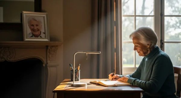 A senior writes in a journal at a desk in a bright living room, with a framed photo of a smiling person on the mantle in the background.