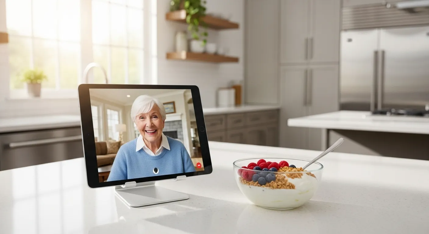 A tablet showing a video call with a smiling senior sits on a kitchen counter next to a healthy bowl of yogurt and berries in a sunlit room.
