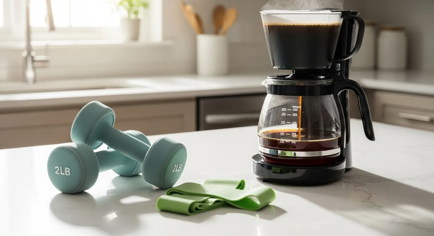 A pair of light hand weights and a resistance band on a kitchen counter next to a brewing coffee pot in morning light.