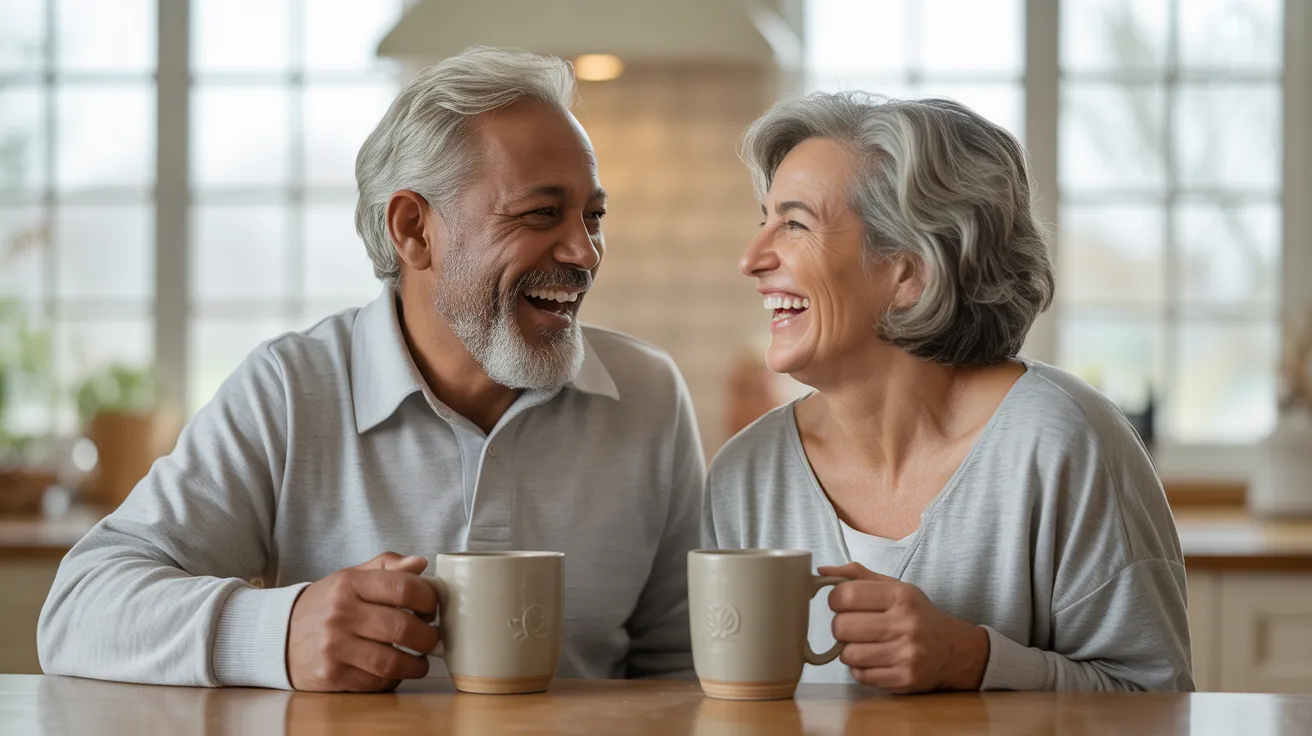 An elderly man and woman sit opposite each other at a kitchen table, smiling warmly over coffee mugs in a brightly lit room.
