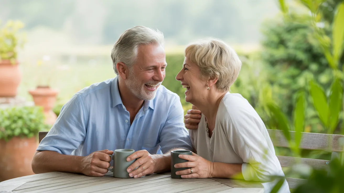 An older man and woman laugh together while sitting at a table with coffee on a garden patio on a bright, overcast day.