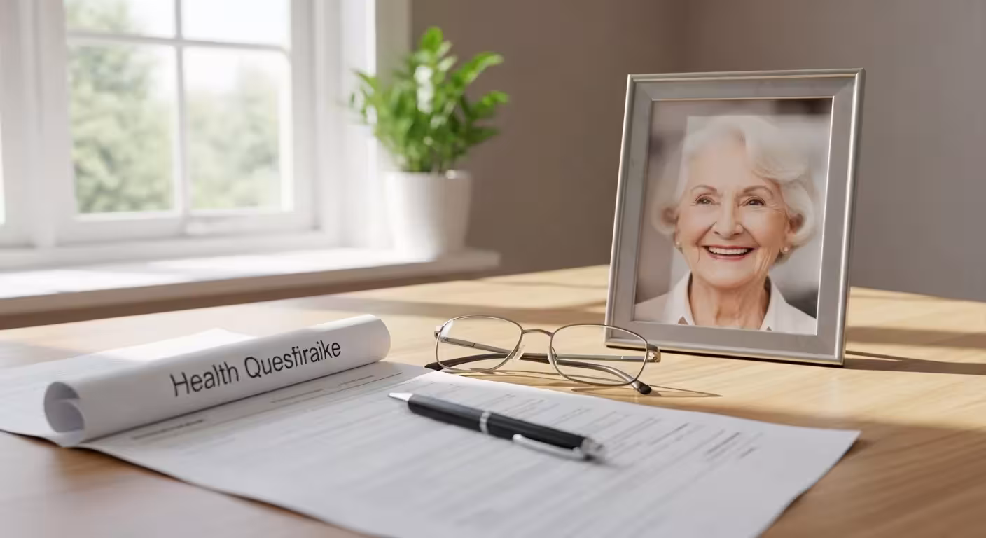 A sunlit home office desk with a blurred health form, reading glasses, and a photo frame holding a picture of a smiling senior woman.