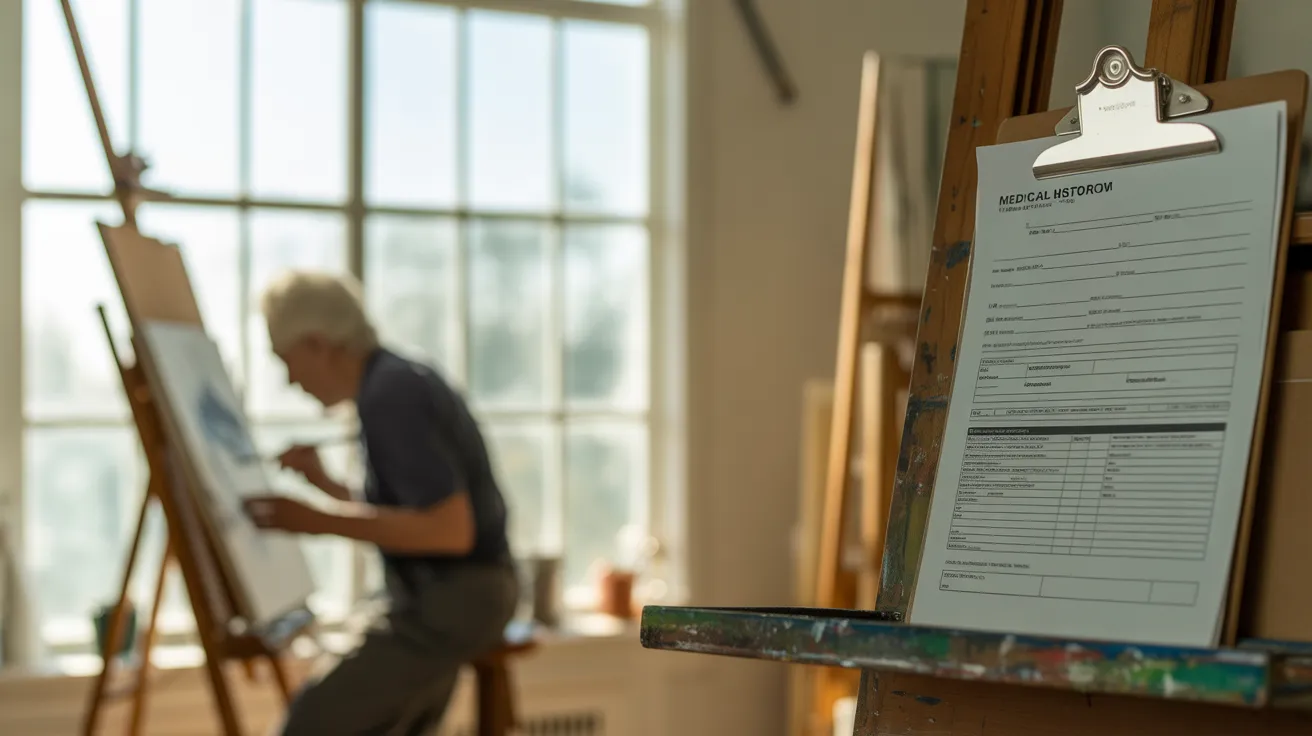 An ultra-wide view of an artist's studio with a senior painting. A medical form rests on a stool in the harsh sunlight from a window.