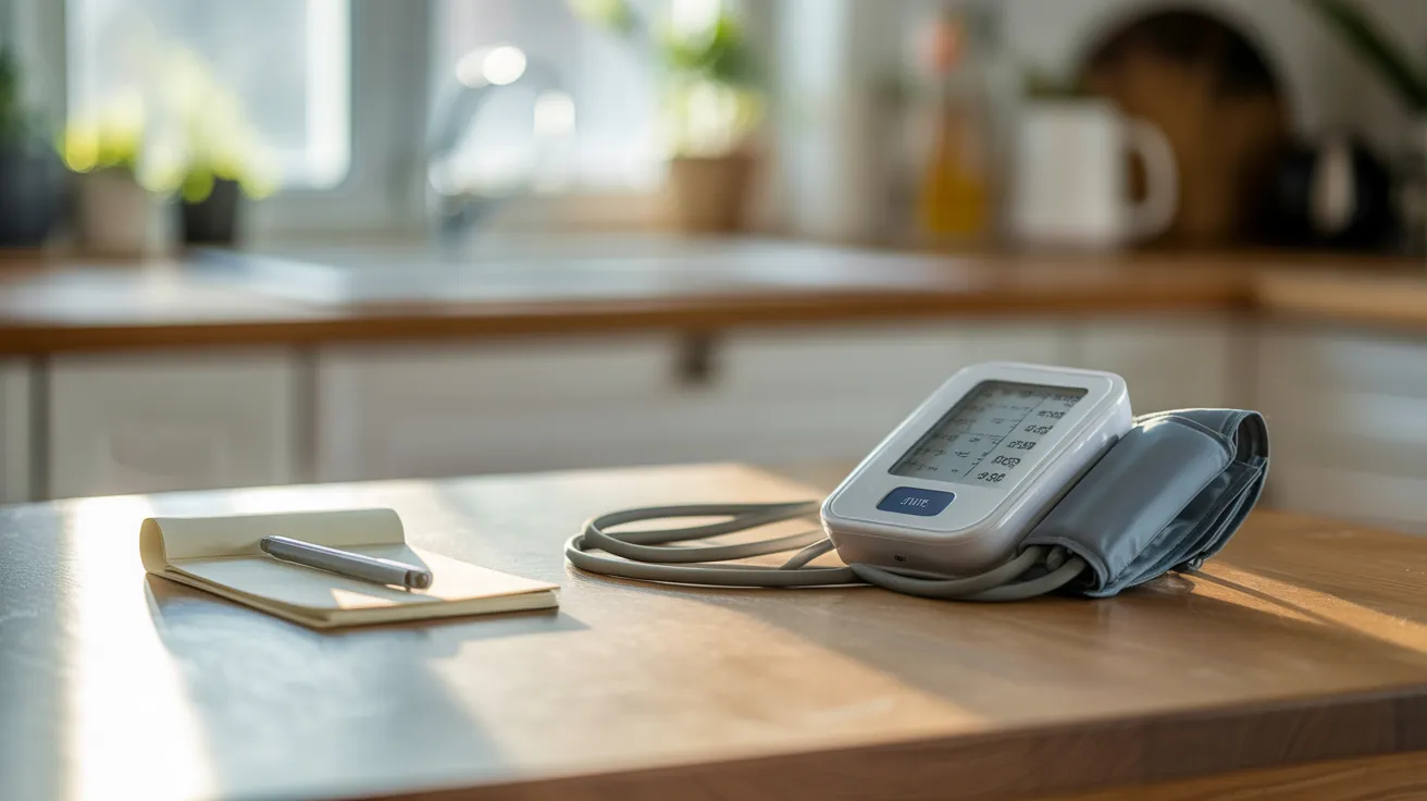 A blood pressure cuff, a small notepad, and a pen on a wooden table in soft morning light, suggesting a moment of health monitoring.