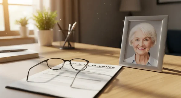 A wide view of a desk with a health planner, reading glasses, and a framed photo of a smiling senior woman.