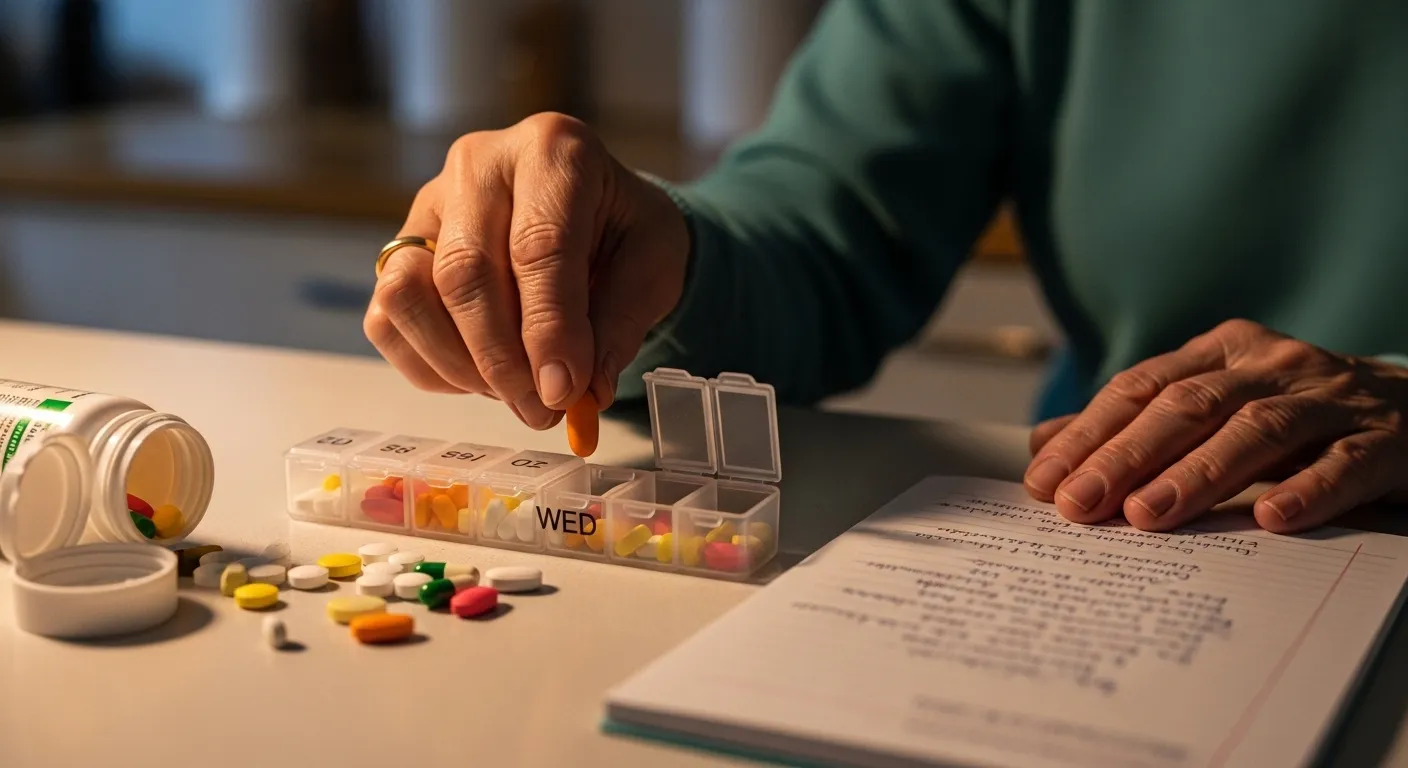 Close-up of a senior's hands organizing a weekly pill container on a counter under the warm light of an evening lamp.