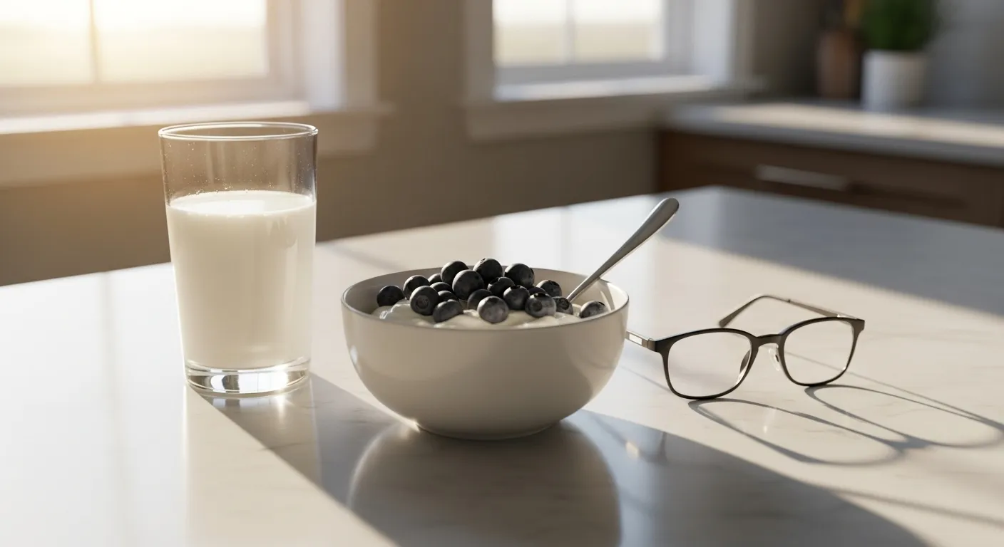 A healthy breakfast of milk and yogurt with blueberries on a sunlit kitchen counter, with reading glasses nearby.