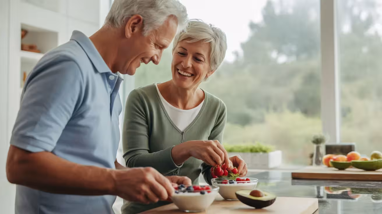 A senior man and woman smile joyfully as they prepare a healthy breakfast with berries and avocado in a kitchen with soft, natural light.