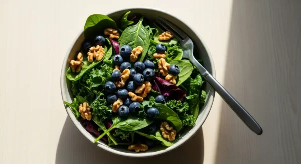 A close-up of a colorful salad in a bowl, featuring leafy greens, blueberries, and walnuts, lit by bright morning sun.