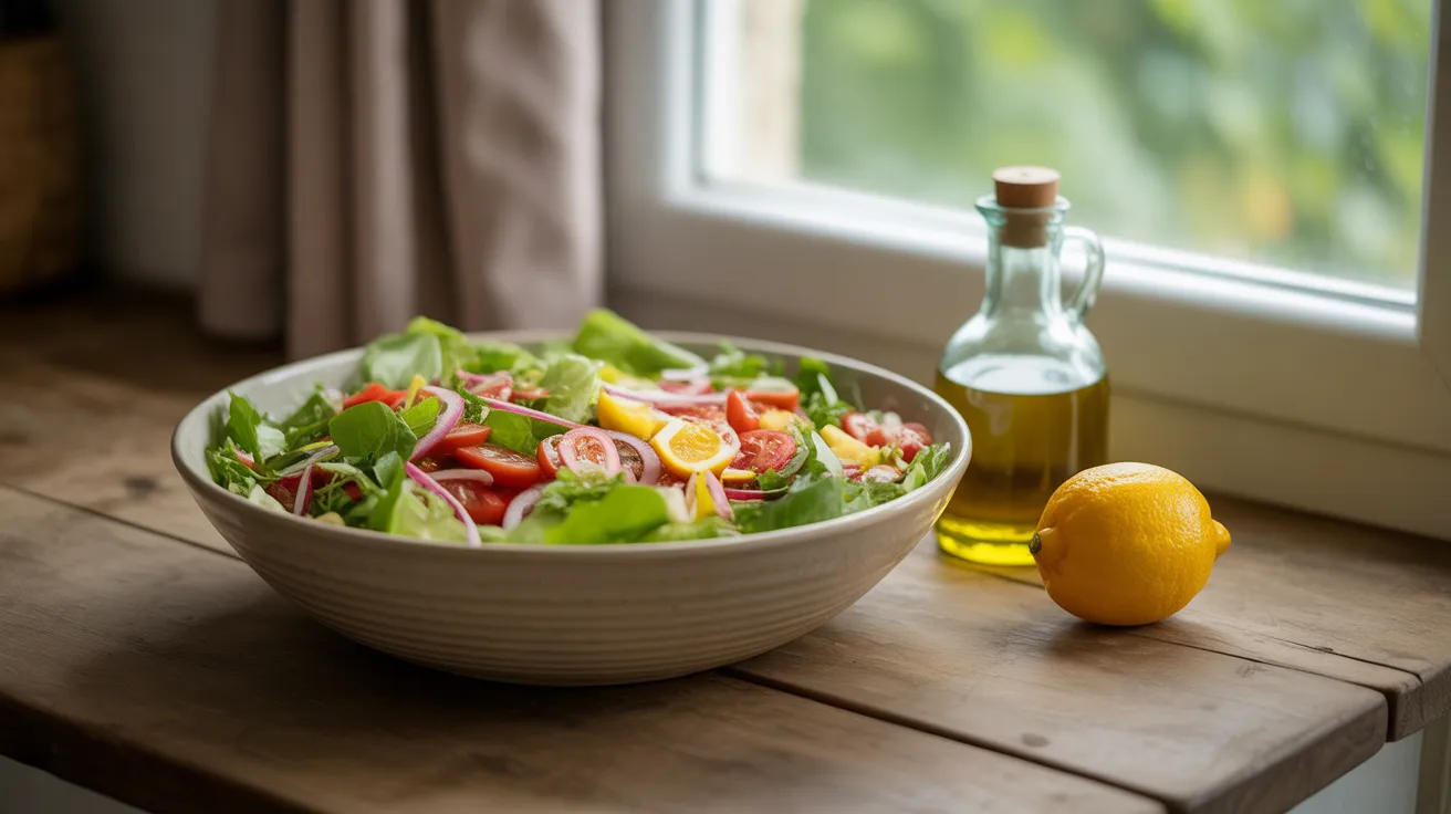 A healthy, colorful salad in a ceramic bowl, next to olive oil and a lemon on a wooden table in soft morning light.