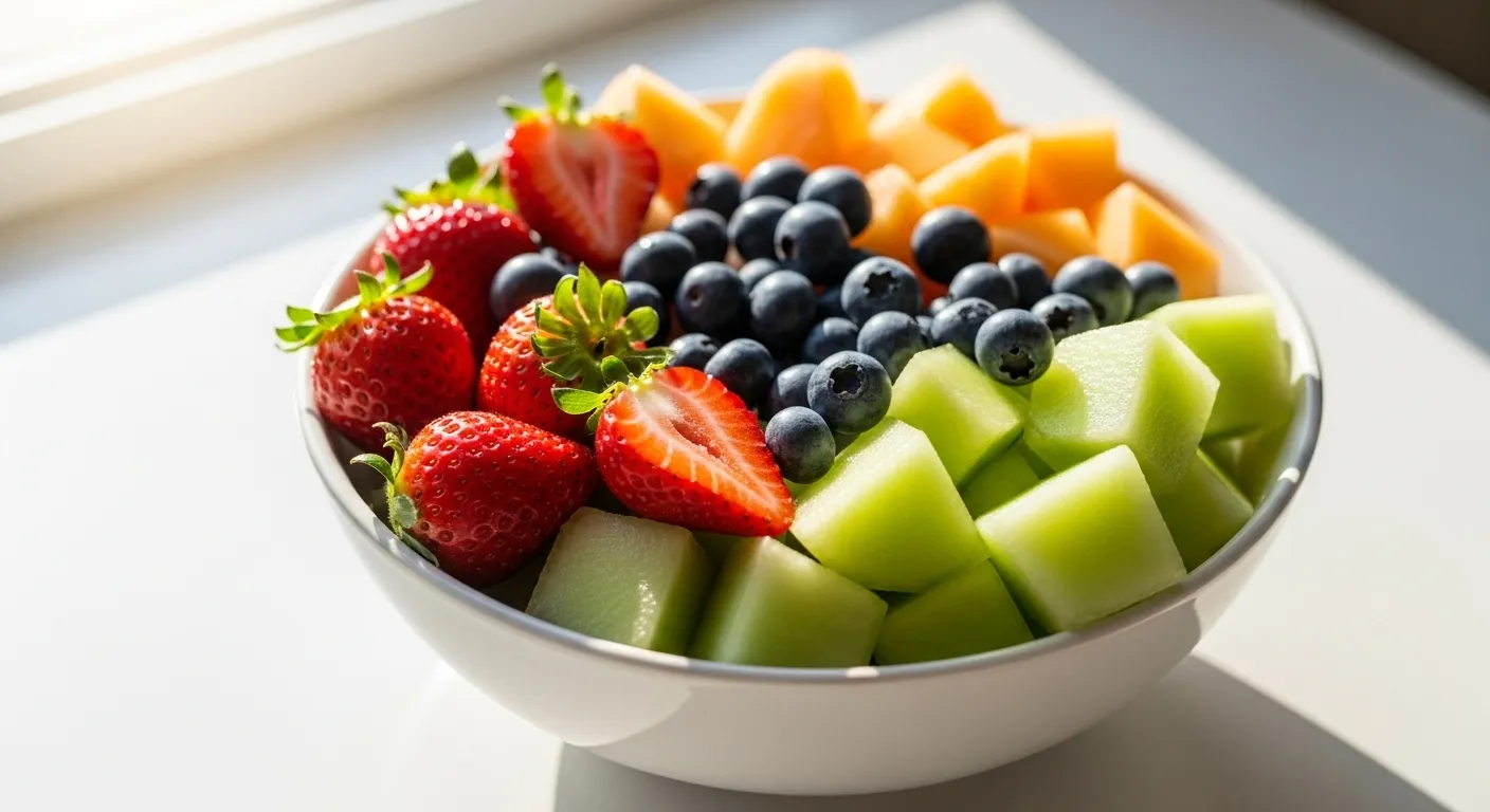 A close-up of a white bowl of colorful mixed fruit, including strawberries and blueberries, on a kitchen counter in bright morning light.
