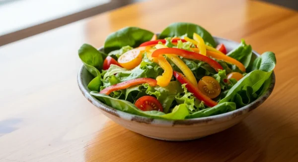 A fresh, vibrant salad in a white bowl sits on a wooden table, illuminated by soft, natural window light.