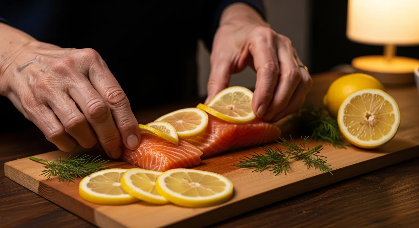 A close-up of older hands preparing a salmon fillet with lemon on a wooden plank, illuminated by the warm light of a lamp.